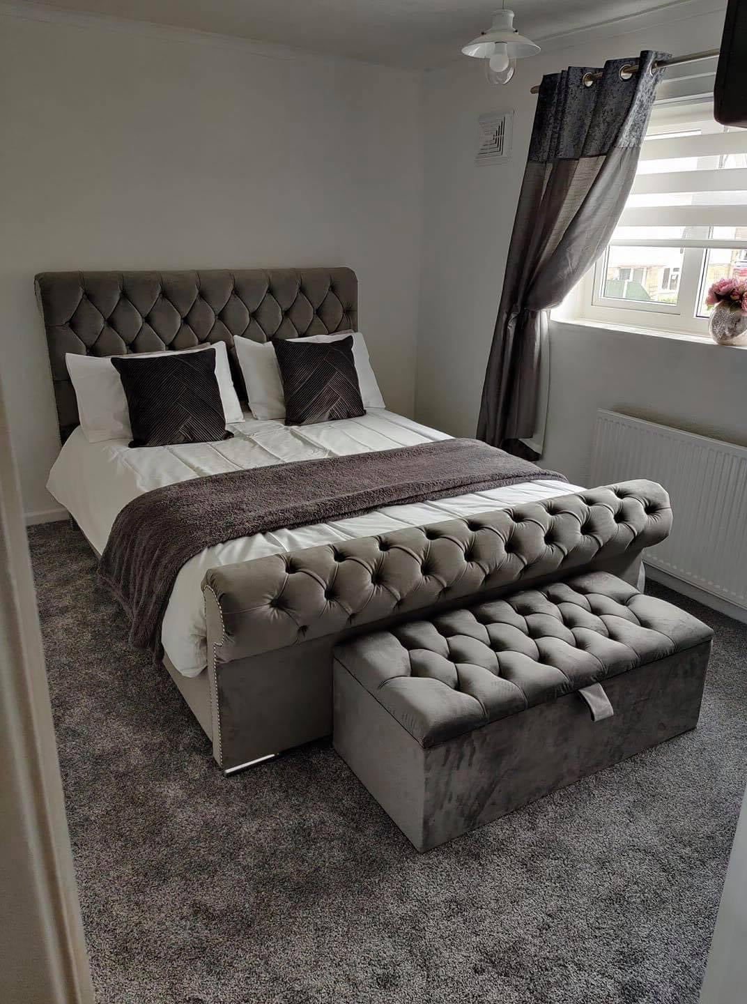 Chesterfield Scroll Fabric Upholstered Bed Frame