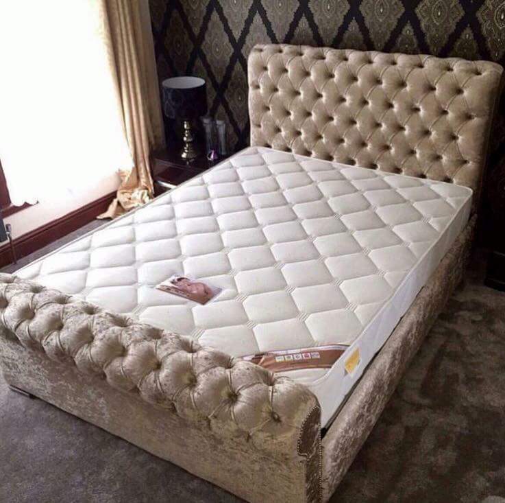 Chesterfield Scroll Fabric Upholstered Bed Frame